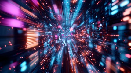 Fototapeta premium Mesmerizing Aerial Cityscape with Neon Lit Skyscrapers and Glowing Circuit Networks