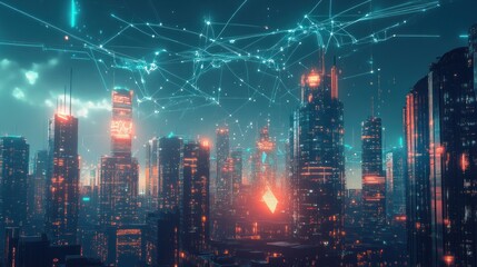 Fototapeta premium Futuristic Cityscape with Neon Lights and Digital Network