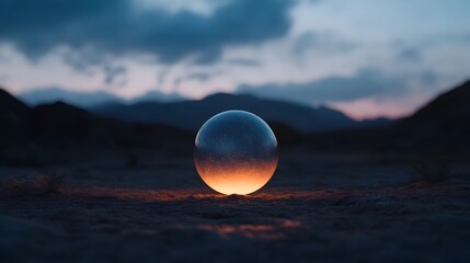 Ethereal glowing orb suspended in a shroud of desert mist conveying primordial magic