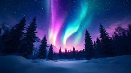 Fototapeta premium Glowing Multicolored Aurora Borealis Illuminating Snowy Moonlit Forest Winter Landscape