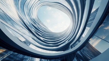 Low angle view of futuristic architecture, Skyscraper of office building with curve glass window