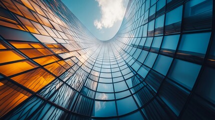 Low angle view of futuristic architecture, Skyscraper of office building with curve glass window