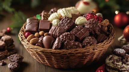 Design a chocolate-themed holiday gift basket filled with an assortment of chocolates, chocolate-covered nuts, and festive treats.