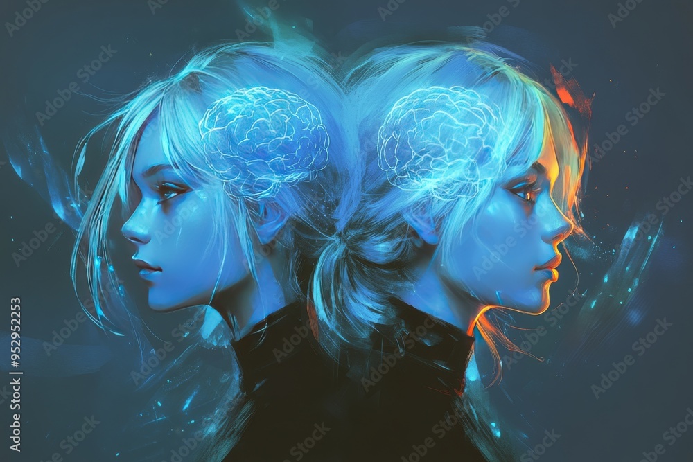Poster twin female figures with abstract blue neural patterns interwoven with dynamic energy in a symmetric