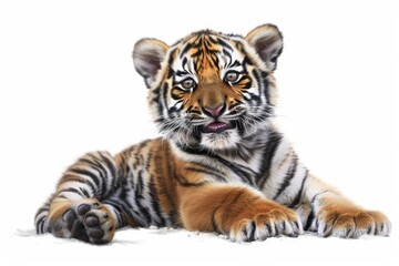 Obraz premium Featuring a cute baby Northeast Tiger in cartoon and Chinese ink painting style, this digital art depicts the tiger sitting on the ground, smiling at you.