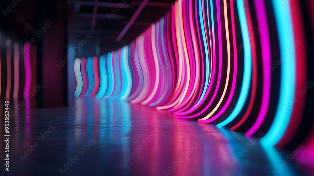 Poster mesmerizing neon art installation weaving abstract compositions in cavernous gallery space