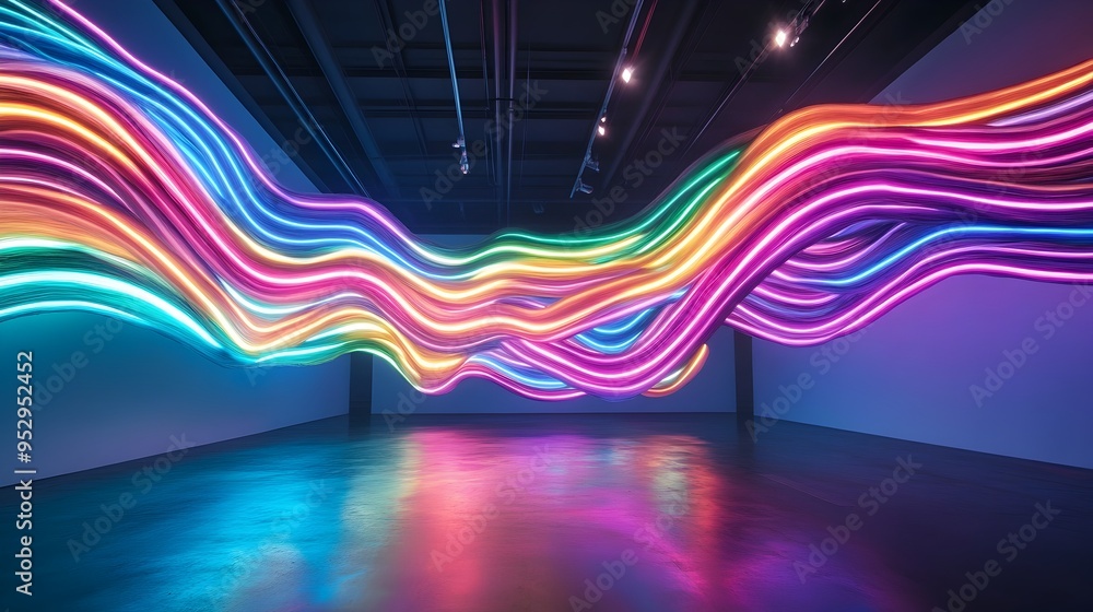 Poster mesmerizing neon art installation weaving abstract composition in cavernous gallery space