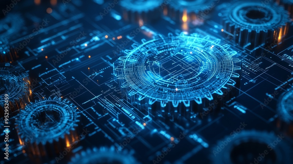 Poster innovative blueprint of gears and software code showcasing tech design and planning