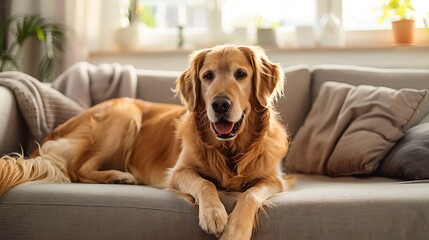 A golden retriever lounging comfortably on a sofa in a bright living room.