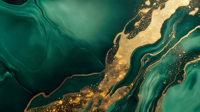 Fototapeta Luxury emerald green wallpaper design, featuring a stunning marble texture and golden glitter accents, perfect for adding elegance to any space, ink paint