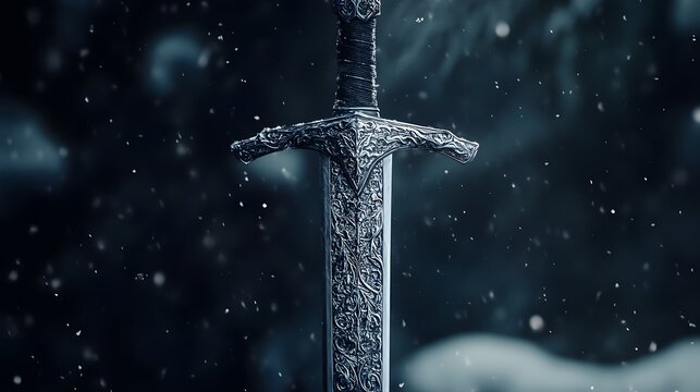 Old silver sword with intricate designs against a dark snowy backdrop, creating a fantastical and dramatic scene.