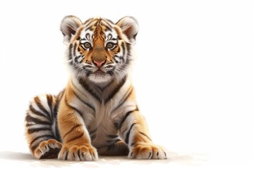 Obraz premium In a charming cartoon and Chinese ink painting style, a cute baby Northeast Tiger sits cheerfully on the ground, smiling directly at you.