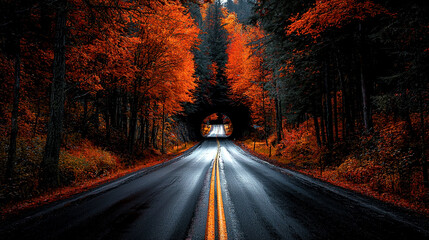 Fototapeta premium Paved road through autumn trees orange foliage with a tunnel in the distance, symmetry in nature, seasonal scenic vibrant highway