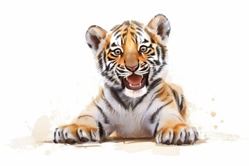 Obraz premium In a cute cartoon and Chinese ink painting style, a baby Northeast Tiger smiles at you from the ground, raised and joyful.