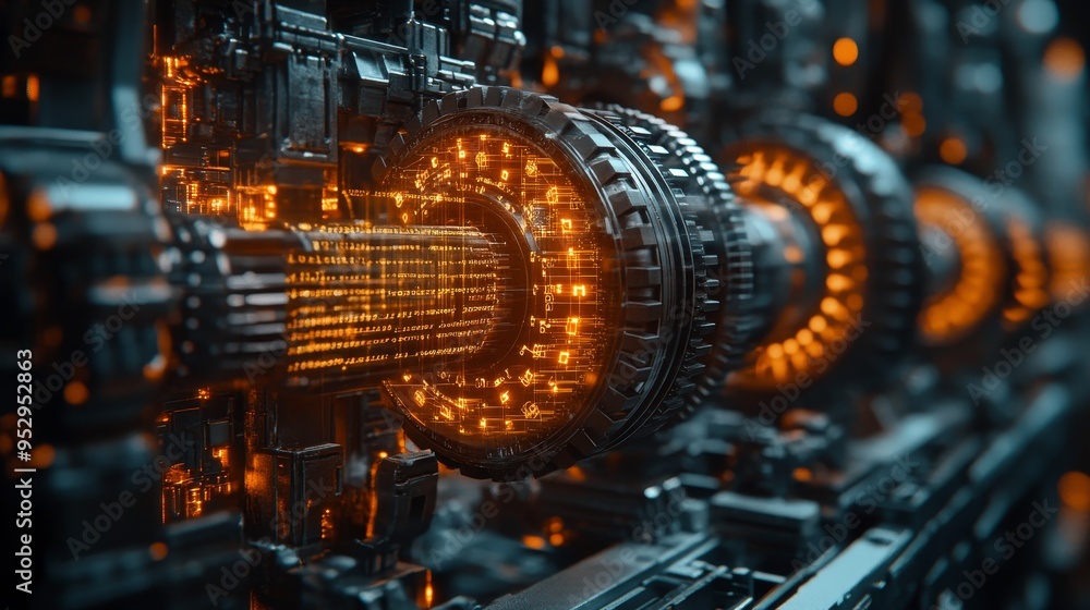 Poster illuminating the coding matrix within an intricate industrial gear assembly