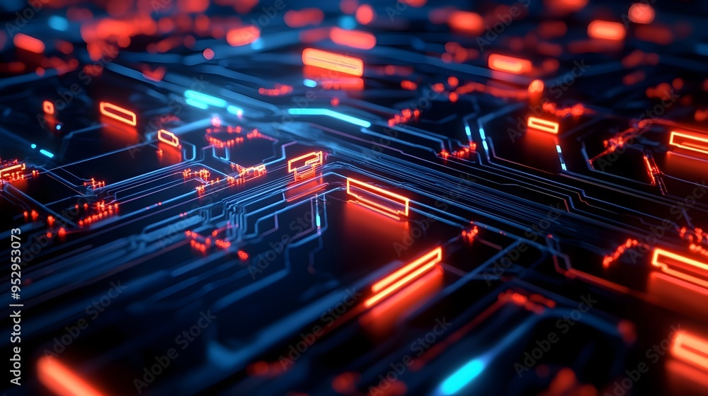 Poster glowing metallic circuitry networks and futuristic technological structures in ominous dark setting