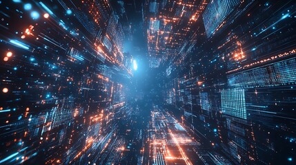 Abstract digital network with blue and orange lights, resembling a futuristic cityscape.