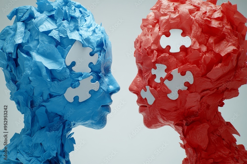 Poster red and blue crumpled paper heads facing each other with puzzle pieces missing symbolizing conflict 