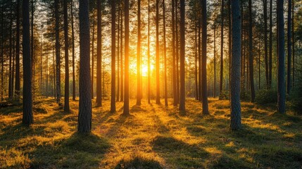 Fototapeta premium A panoramic view of a pine forest at sunrise, with golden light filtering through the trees and illuminating the forest floor.
