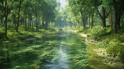 Relax by a peaceful river that winds through a dense forest, its clear waters reflecting the lush vegetation on its banks.