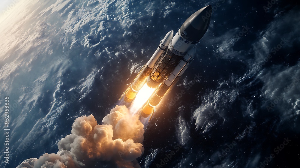 Poster rocket launch ascending through clouds and atmosphere
