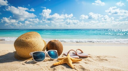 A relaxing beach scene with sunglasses, a hat, and a starfish on soft sand.
