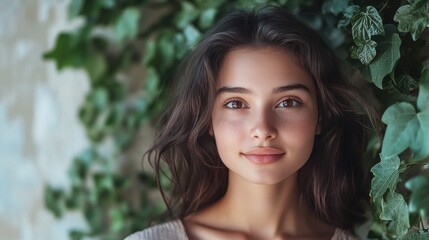 Fototapeta premium A pretty girl with big brown eyes and a natural smile, posing casually against a backdrop of ivy-covered walls.