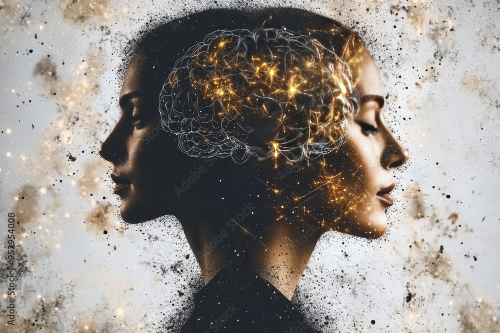 Aufkleber female silhouette with exploding neural patterns symbolizing creative thought intelligence and the e