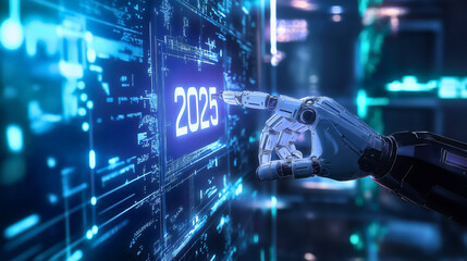 2025, a futuristic vision of innovation and AI artificial intelligence, highlighting the role of robots and technology, new year machine development for business goals