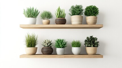 Fototapeta premium A set of three floating wall shelves with various indoor plants in ceramic pots, creating a green corner against a white wall.
