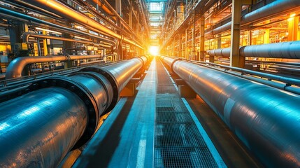 Industry pipeline transport petrochemical, gas and oil processing, furnace factory line, rack of heat chemical manufacturing, equipment steel pipes plant 