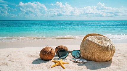 A serene beach scene with sunglasses, a hat, and natural elements.
