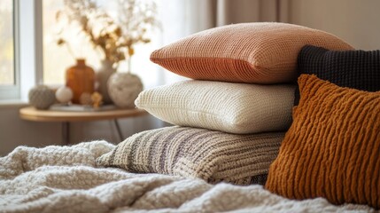 A stack of fluffy pillows in various colors and patterns, arranged on a cozy bed with a soft, warm blanket.