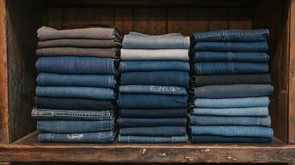 A stack of neatly folded denim jeans in various shades of blue, displayed on a wooden shelf in a fashion store.