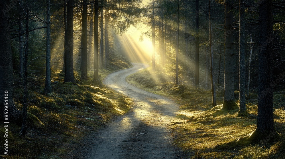 Poster a winding path through a dense pine forest with sun rays streaming through the branches, creating a 