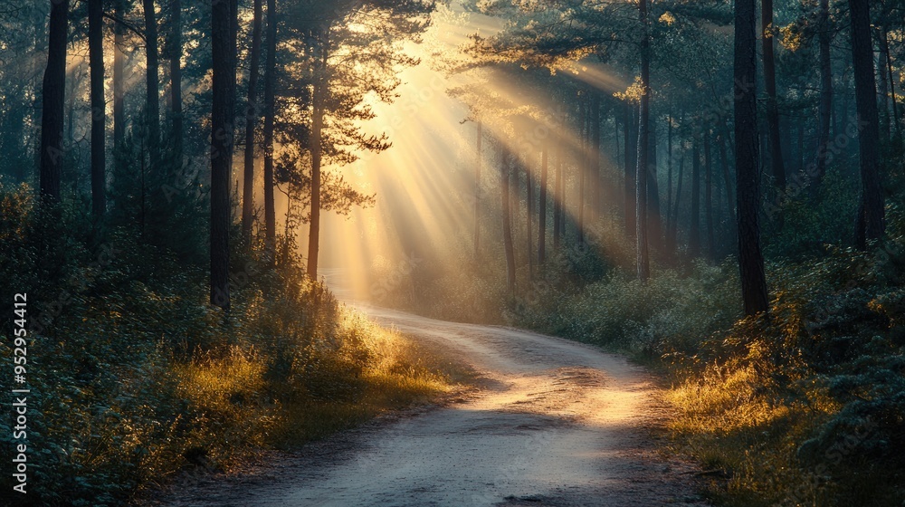 Poster a winding path through a dense pine forest with sun rays streaming through the branches, creating a 