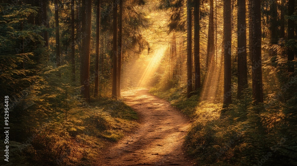 Poster a winding path through a dense pine forest with sun rays streaming through the branches, creating a 