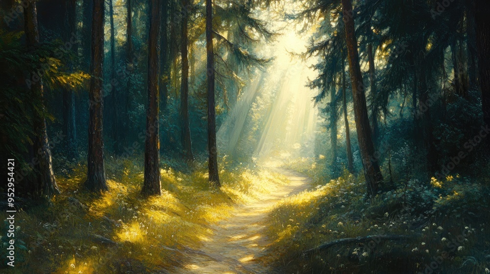 Poster a winding path through a dense pine forest with sun rays streaming through the branches, creating a 