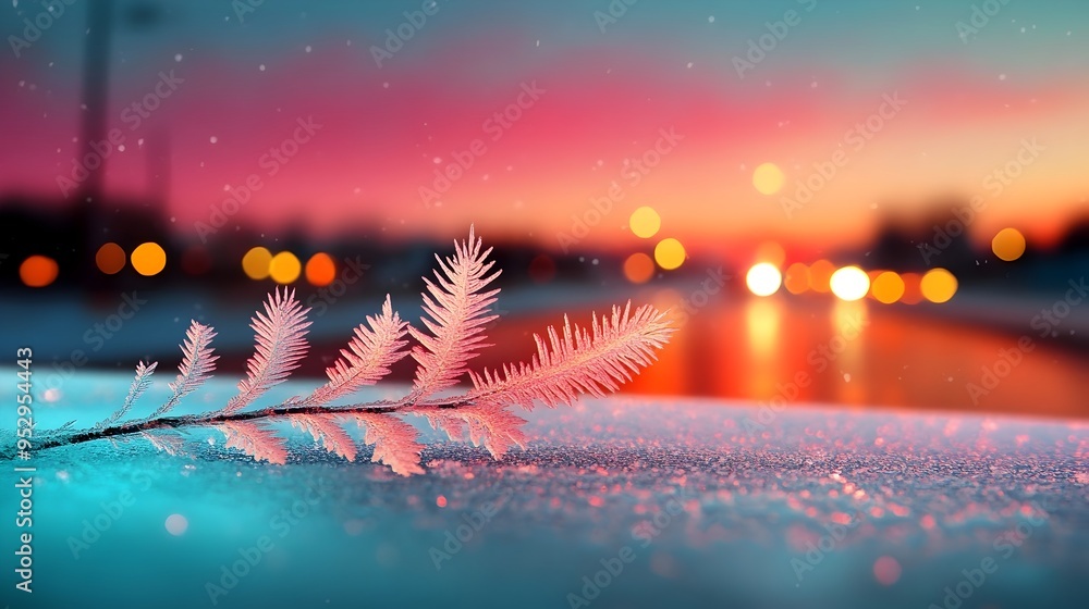 Poster frosted car window in the early dawn showcasing intricate frozen patterns and shimmering ice crystal