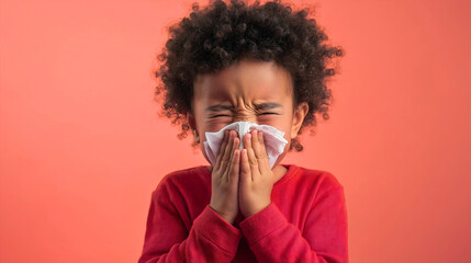 A young African American boy kid blowing his nose into a tissue, challenges of dealing with allergy and influenza illness during the cold winter fever infection season