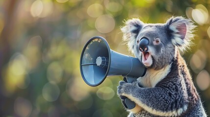 A koala holding a megaphone, appearing to communicate or make an announcement in a vibrant outdoor setting.