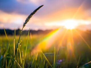 Obraz premium Vibrant Prismatic Rainbow Graces Picturesque Rural Landscape After Downpour