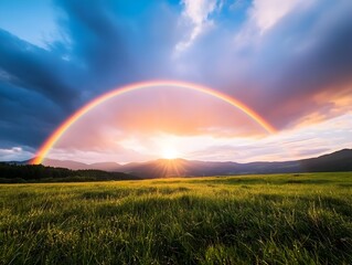 Naklejka premium Vibrant Prismatic Rainbow Stretching Across Picturesque Rural Countryside Scene After Downpour