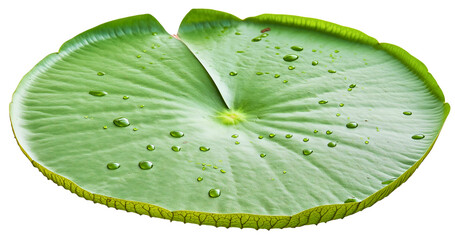 Isolated close up of a round beautiful lotus plant lily pad floating on water, showcasing the vibrant green leaves and delicate white blossoms in a serene natural pond lake environment