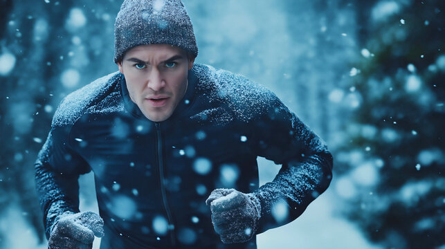 Determination in man jogging outdoors in the snowy winter landscape, showcasing the dedication of an athlete training for fitness and endurance in cold weather, running workout
