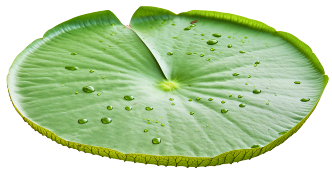 Isolated close up of a round beautiful lotus plant lily pad floating on water, showcasing the vibrant green leaves and delicate white blossoms in a serene natural pond lake environment
