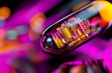 Futuristic Capsule Shaped Pill with Glowing Electronic Circuits   Macro Photography of 3D Rendered Interior Technology Details
