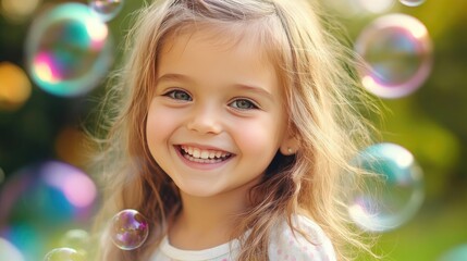 Fototapeta premium A young girl with sparkling eyes and a big smile, playing with bubbles in a park, with colorful bubbles surrounding her.