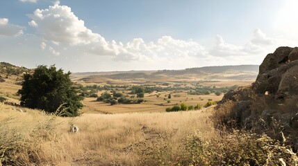 Obraz premium A stock photo of a panoramic view of the modern-day battlefield landscape where the Battle of Manzikert took place, capturing the serene surroundings and historical context.