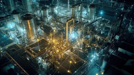 Industrial Complex at Night with Network Connections